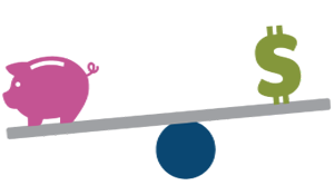 Illustration of a balancing see-saw with a saving pink piggy bank and spending green dollar sign