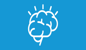 Drawing of a brain lighting up with a white outline on a blue background.