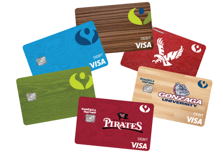 Numerica debit cards: EWU, Gonzaga, Whitworth, Green, Blue and Woodgrain debit cards fanned out