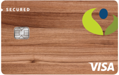 Brown wood grain Visa card, Numerica Credit Union, Secured. 